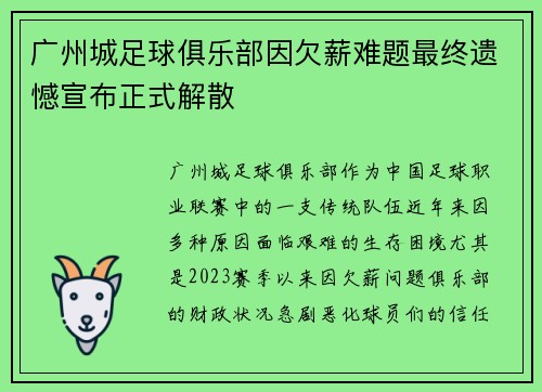 广州城足球俱乐部因欠薪难题最终遗憾宣布正式解散